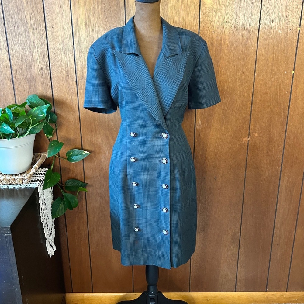 Vintage La Belle Plaid Blazer Dress Double Breasted Blue Green Size 11/12‎ USA